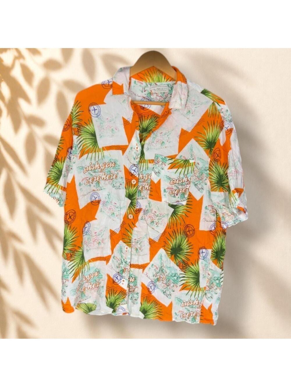 Urban Outfitters Shirt Men M Medium Orange Hawaii Print Button Up Collared
